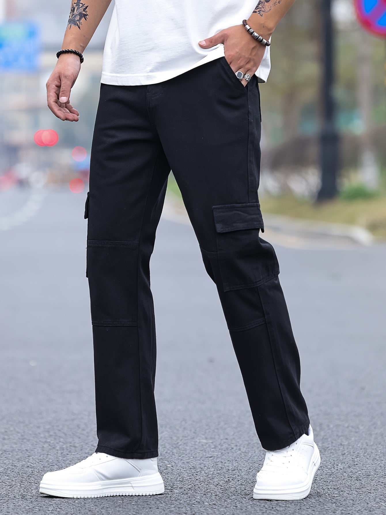 Loose Cotton Blend Men's Solid Wide Leg Pants, Men's Casual Denim Pants, All Seasons