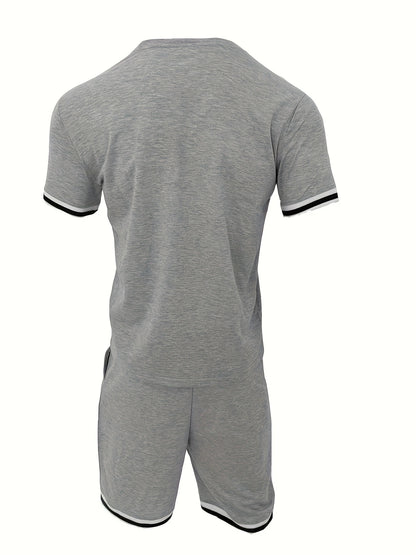 2025 New Casual Men's Set Round Neck Short Sleeve T-Shirt Summer Drawstring Shorts Solid Color Men's Suit