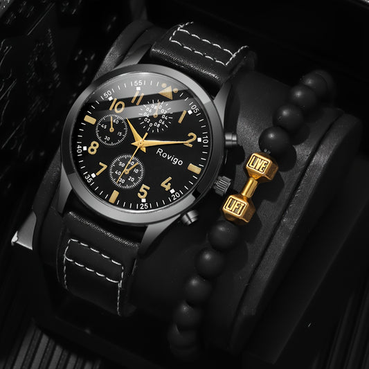 2pcs Men's Fashion Quartz Watch & Golden Dumbbell Beaded Bracelet Set - Casual Business Style, Faux Leather Strap, Alloy Case - Perfect Gift Box Included