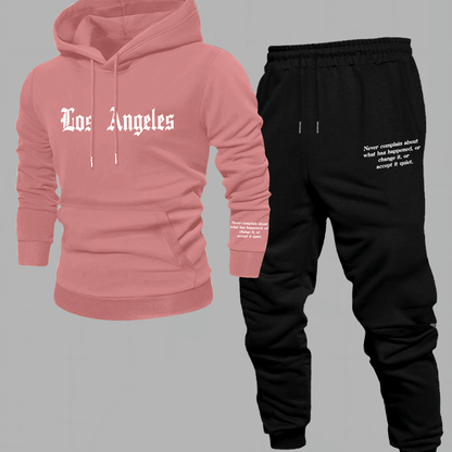 Men'S Los Angeles Print Hoodie And Sweatpants Set - Casual American Streetwear Style, Cozy Fall/Winter Activewear with Geometric Pattern, Slight Stretch Fabric, Hooded Top & Joggers, Casual Wear|Geometric Pattern Hoodiee Jogg