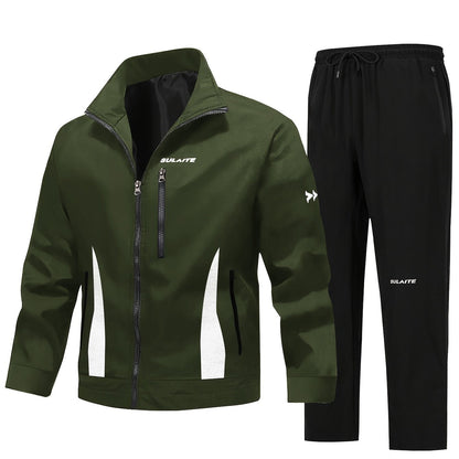 Men'S Casual Sportswear Set - Black Jacket with Zipper Pockets & White Accents, Matching Pants, Perfect for Spring & Fall, Sportswear Outfit|Zippered Jacket|Functional Pockets