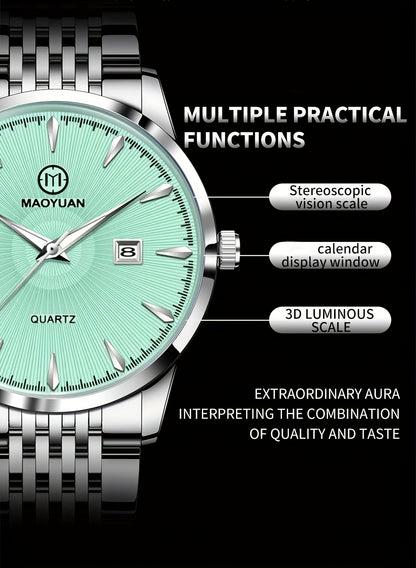 MAOYUAN Men'S Luxury Stainless Steel Quartz Watch with Date Display and Luminescent Hands - Elegant Green Dial, Metal Bracelet, Perfect for Business and Casual Attire, Ideal Gift for Men, Casual Watch | Elegant Watch | Quartz