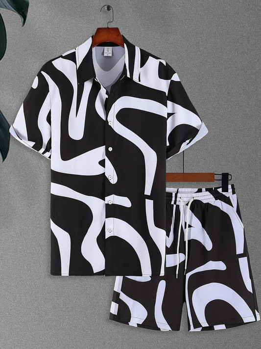 CONJUESS Men'S Summer Casual Short Sleeve Shirt and Shorts Set, Polyester 100%, Lapel Collar, Non-Stretch Woven Fabric, Irregular Striped Print, Regular Fit, 120g/m² - Green and White