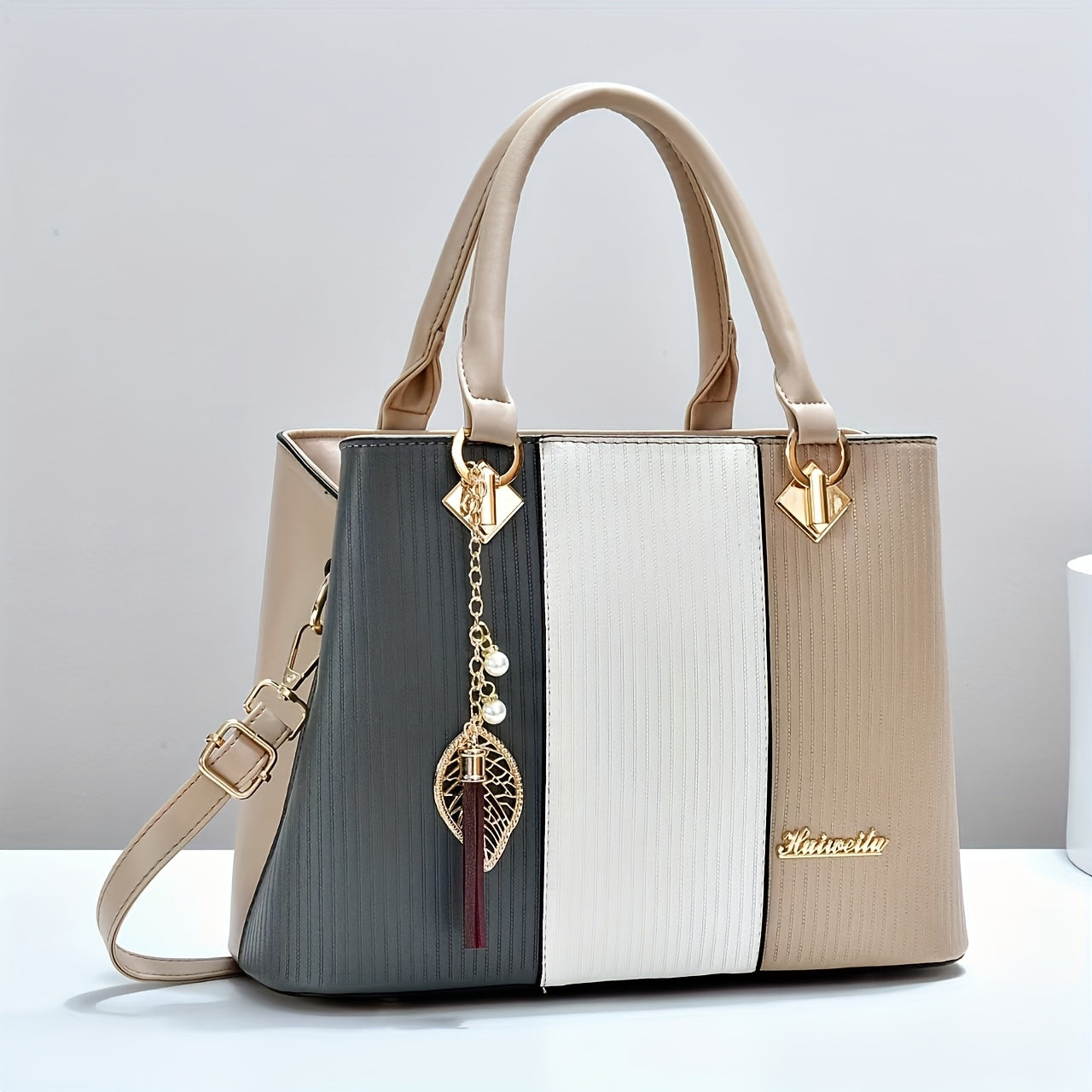 Elegant Red & Black Striped Handbag with Golden Accents - Adjustable Shoulder Strap, Zipper Closure, Polyester Lining, Stylish Mom & Everyday Bag, Everyday Handbag|Striped Pattern Tote|Durable Handle Tote