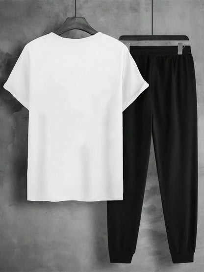 1set Men'S Casual Sportswear Set, Geometric Pattern Short Sleeve T-Shirt and Drawstring Joggers, Knitted Polyester and Elastane Blend, Round Neck, Regular Fit, Four Seasons Outfit