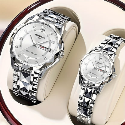 2pcs Couple Watch BANBONY Brand Trendy Fashion Men's and Women's Quartz Watch Stainless Steel Strap with Rhinestone Luminous High-definition Disc Waterproof Night Light Display Week Calendar Display Wristwatch Holiday Gift fo