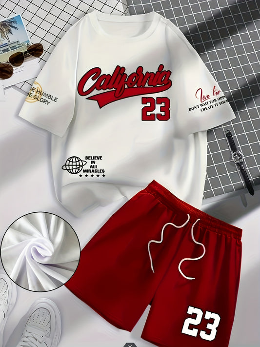 A Men's casual tracksuit - polyester crew neck T-shirt and shorts, regular cut, knitted fabric, summer casual, comfortable and stylish 3D digital print