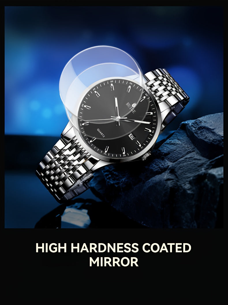 RUIGE Men's Sleek Quartz Watch - Stainless Steel Band, Simple Design with Date Display & Night Light Feature, Casual Wristwatch for Casual Attire