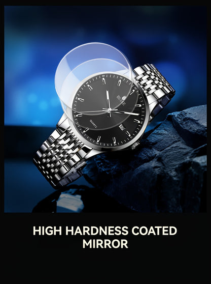 RUIGE Men's Sleek Quartz Watch - Stainless Steel Band, Simple Design with Date Display & Night Light Feature, Casual Wristwatch for Casual Attire