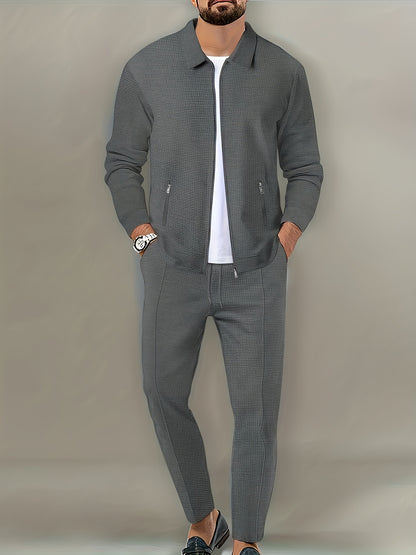 Men's Solid Waffle 2pcs Athletic Outfits, Zip-up Jacket & Pants co ord set for Outdoor Sports