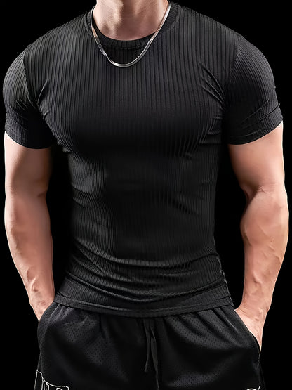 Men's Stretch Fit Short Sleeve T-Shirt - Breathable, Comfortable Polyester Blend, Solid Blue, Crew Neck, Casual & Sporty Style for Spring/Summer