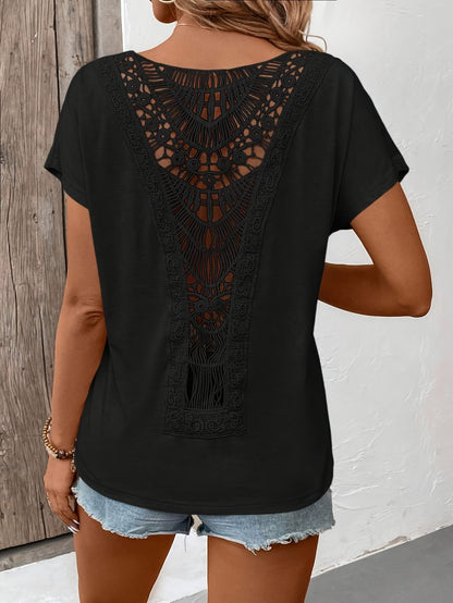 Women'S Elegant Lace Trim Short Sleeve T-Shirt - Chic White Top with Intricate Lace Detail, Round Neck, Lightweight Polyester for Spring/Summer Casual Wear, Ladies T Shirts