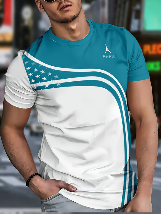 Men'S Vintage Eiffel Tower Graphic T-Shirt, 3D Printed, 100% Polyester Round Neck Tee with American Flag Design, Geometric Knit Fabric, Regular Fit with Slight Stretch, 150gsm, Casual Summer Short Sleeve for Outdoor Sports