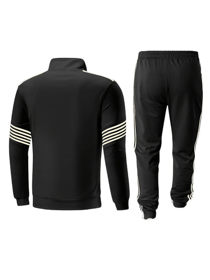 Men'S Spring And Autumn Sports Leisure Set Featuring a Stand-Up Collar Zip-Up Long Sleeve Top, Drawstring Waist Long Pants, Suitable for Running, Outdoor Fitness, And Home Wear, with Pockets And Zippers.