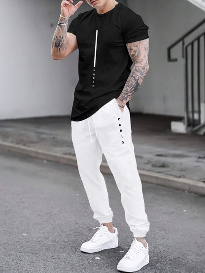 1set Men'S Casual Sportswear Set, Geometric Pattern Short Sleeve T-Shirt and Drawstring Joggers, Knitted Polyester and Elastane Blend, Round Neck, Regular Fit, Four Seasons Outfit