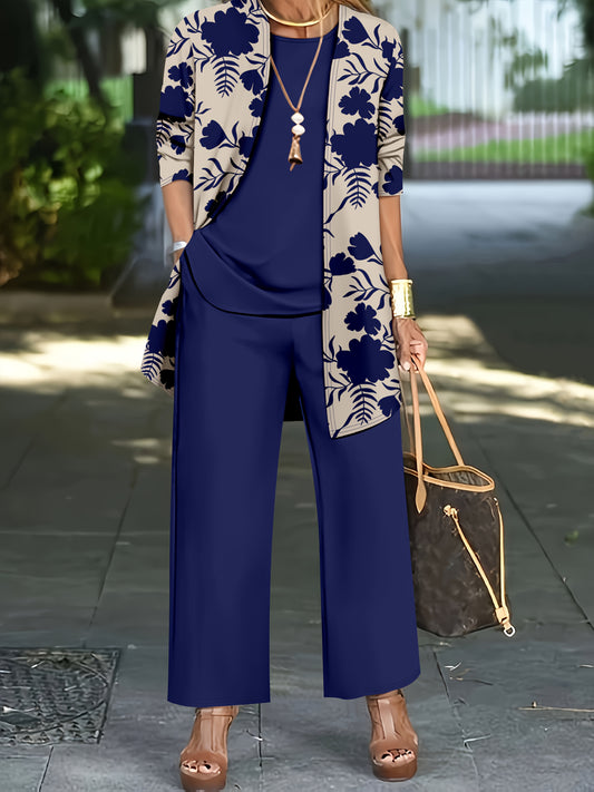 Plus Size, A three-piece set of Women's plus-size elegant floral print top and solid-color vest pants