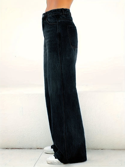Women'S Elastic Mid -Waist Straight Jeans, Loose And Stylish Wide -Leg Casual Pants, Multi -Pocket Black Water Washing Jeans, Comfortable Version, Four Seasons Can Be Worn