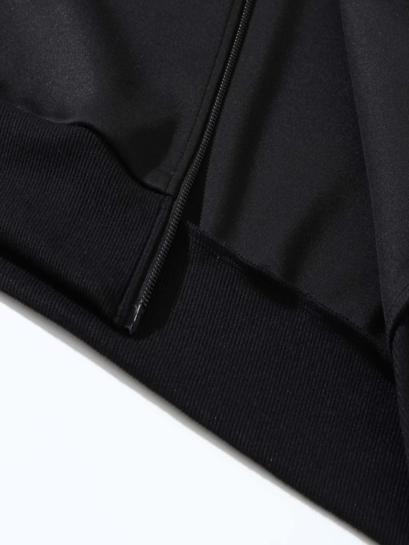 Men'S Casual Two-Piece Set - Black Jacket & Pants with "REPLAY" Print, Zip-Up, Long Sleeve, Polyester, Casual Attire|Casual Style|Zipup Jacket