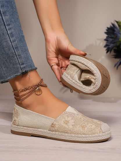 Women's Breathable Slip-On Loafers - Soft Sole Casual Walking Shoes, Lightweight & Comfortable, Beige Floral Pattern Fabric Upper, PU Cover Sole, Perfect for Casual Attire, Allseason Loafers | Slipon Comfort | Soft Sole Shoes