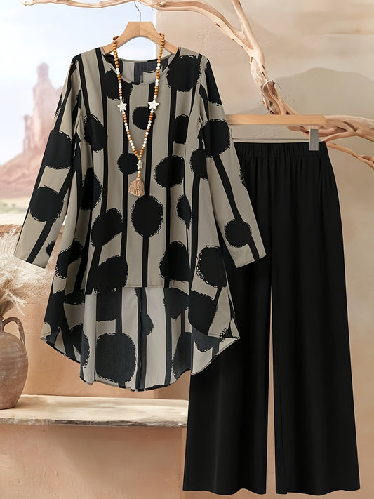 Women's Two-Piece Set with Geometric Pattern Round Neck Long Sleeve, Loose Hem Front Short Back Top and Pants, Casual Style, Summer/Autumn Wear, Mid-Length Tops, Solid Color Trousers, Long Sleeve Outfit