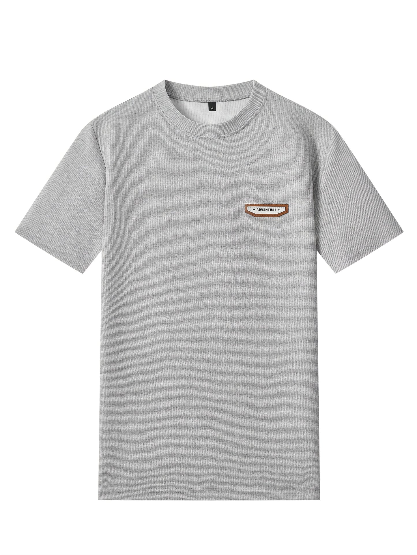 Men's Waffle Round Neck Top with Label, Short Sleeve T-shirt and Drawstring Shorts for Clean and Comfortable Spring/Summer Wear