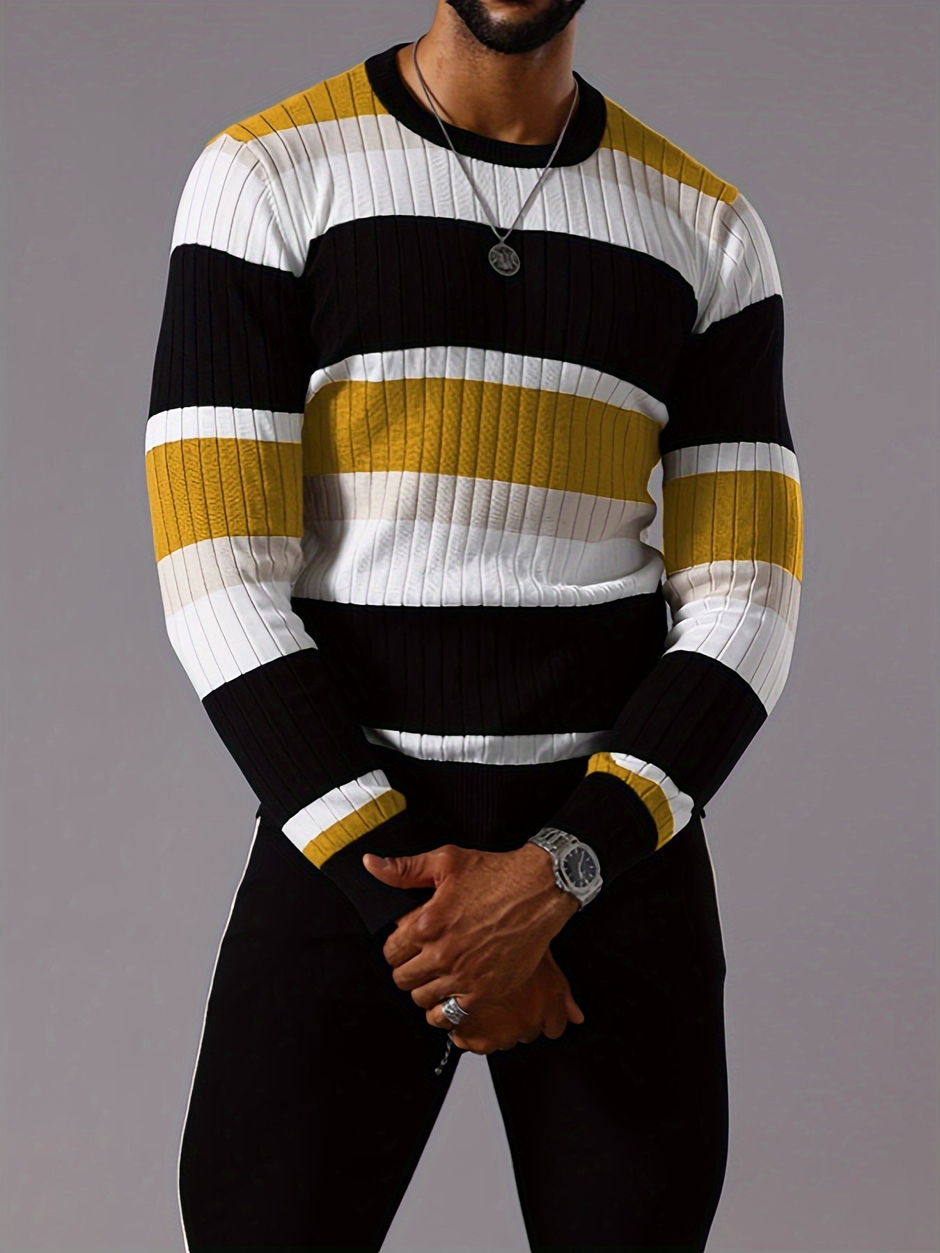 Men's Striped Color-Block Ribbed Knit Sweater - Long Sleeve Round Neck Pullover with Elastic Comfort Fit, Machine Washable Casual Fall Winter Top in Black/White/Green/Beige, Knit Sweater, Medium Elasticity