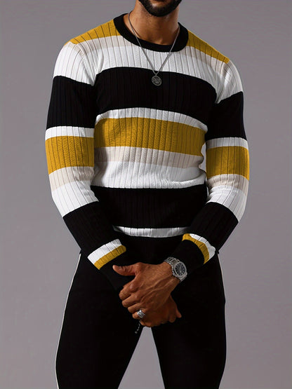 Men's Striped Color-Block Ribbed Knit Sweater - Long Sleeve Round Neck Pullover with Elastic Comfort Fit, Machine Washable Casual Fall Winter Top in Black/White/Green/Beige, Knit Sweater, Medium Elasticity