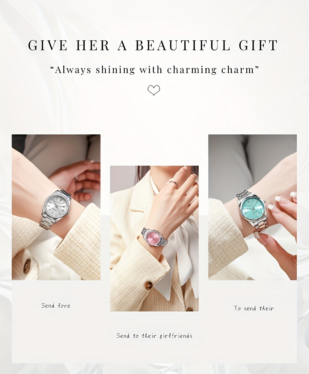 CHRONOS Women'S Quartz Watch - Elegant Stainless Steel Strap, Luminous, Round Dial, Business Casual Style, Perfect for Commuting and Casual Attire, Date Display, Pointer Display, Zinc Alloy Case, Button Battery Powered, Timer