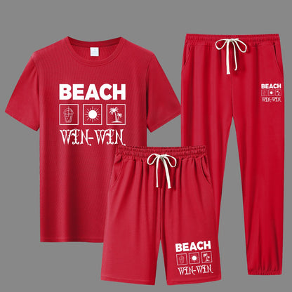 BEACH Men's 3-Piece Casual Sportswear Set, Crew Neck Short Sleeve T-Shirt with Shorts and Long Pants, Versatile Simple Breathable Summer Outfits, Knit Fabric Regular Fit, 100% Polyester Material, Casual Style Lash Sets, Sligh