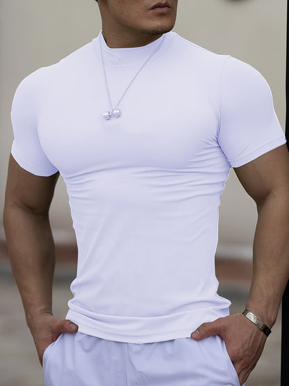Men'S White Short Sleeve T-Shirt - Stretchy, Moisture-Wicking, Round Neck, Casual Fitness Wear for Summer, Sporty Style, Sportswear Tee | Sporty Neckline | Stretchy Fabric