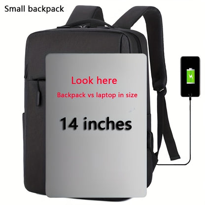 1pc Lightweight Business Laptop Backpack, 33.02/35.56/38.1 cm Computer Bag with USB Charging Port, Adjustable Straps, Zipper Closure, Polyester Lining, Wet Wipe Clean, Black Fabric Travel & Student Bookbag for Men and Women,