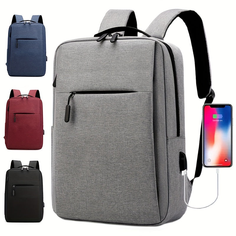 1pc Lightweight Business Laptop Backpack, 33.02/35.56/38.1 cm Computer Bag with USB Charging Port, Adjustable Straps, Zipper Closure, Polyester Lining, Wet Wipe Clean, Black Fabric Travel & Student Bookbag for Men and Women,