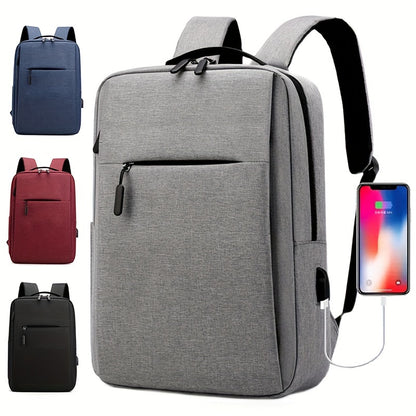 1pc Lightweight Business Laptop Backpack, 33.02/35.56/38.1 cm Computer Bag with USB Charging Port, Adjustable Straps, Zipper Closure, Polyester Lining, Wet Wipe Clean, Black Fabric Travel & Student Bookbag for Men and Women,