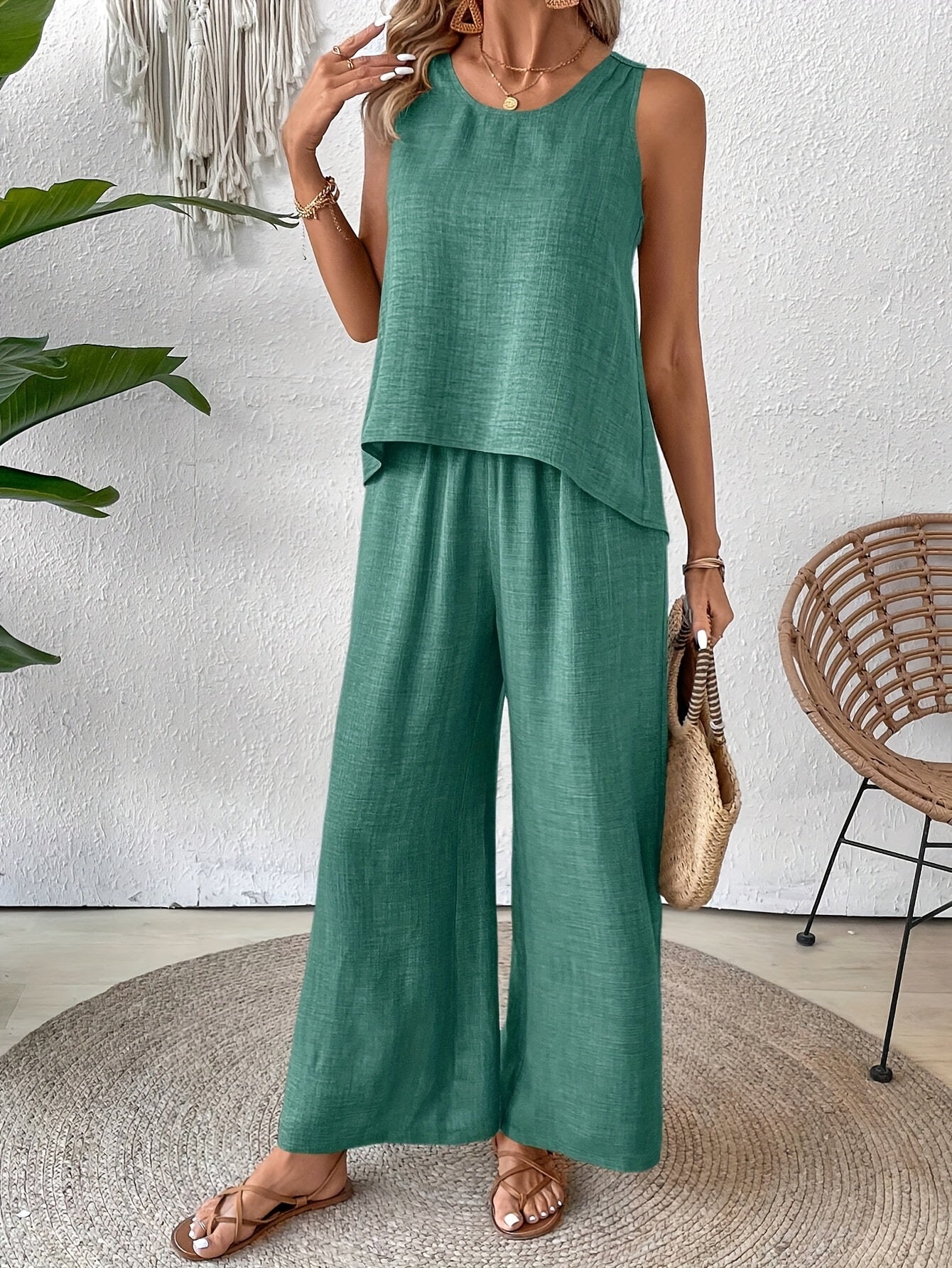 Women'S Summer Backless Cut-Out Panel Tank Top + Wide Leg Pants Set - Casual, Simple, Sleeveless, Polyester, Light Beige, Perfect for Spring/Summer, Casual Attire|Backless Top|Polyester Fabri