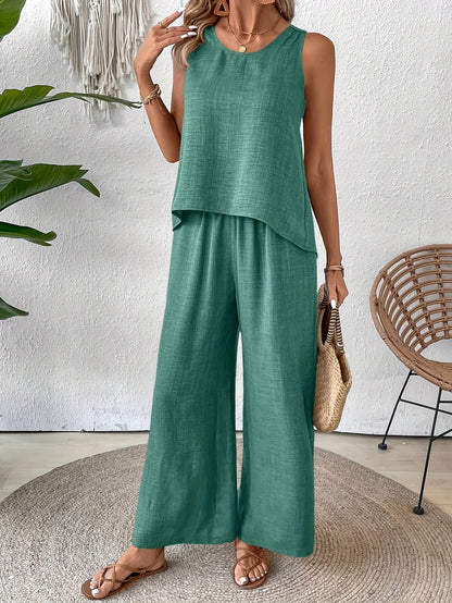 Women'S Summer Backless Cut-Out Panel Tank Top + Wide Leg Pants Set - Casual, Simple, Sleeveless, Polyester, Light Beige, Perfect for Spring/Summer, Casual Attire|Backless Top|Polyester Fabri