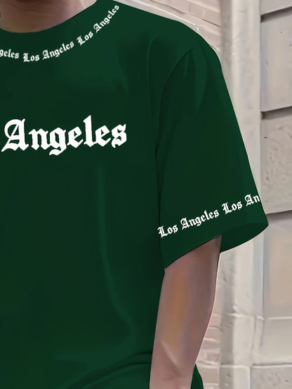 Men'S Los Angeles Graphic Print Casual Sportswear Set - Breathable Summer Short Sleeve T-Shirt & Drawstring Shorts with Pockets, Regular Fit, Crew Neck, Comfortable & Stylish for Casual Attire, Leisure Clothing | Trendy Sport