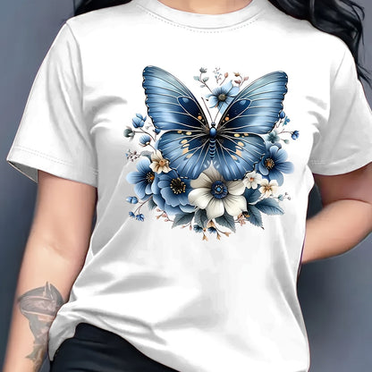Women'S Floral Butterfly Print T-Shirt, Short Sleeve Crew Neck Casual Top for Spring & Summer, Vibrant Green with White & Blue Flowers, Perfect Birthday or Holiday Gift, Everyday Fashion | Vibrant Casual Top | Glossy Texture