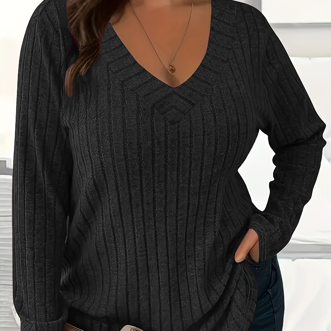1 հատ Women'S Plus Size Casual V-Neck սվիտեր - 95% պոլիեսթեր 5% սպանդեքս տրիկոտաժե գործվածք, միաձույլ գույն, երկարաթև, գարուն/աշուն/ձմեռ բաց վերնաշապիկ