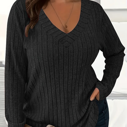 1 հատ Women'S Plus Size Casual V-Neck սվիտեր - 95% պոլիեսթեր 5% սպանդեքս տրիկոտաժե գործվածք, միաձույլ գույն, երկարաթև, գարուն/աշուն/ձմեռ բաց վերնաշապիկ