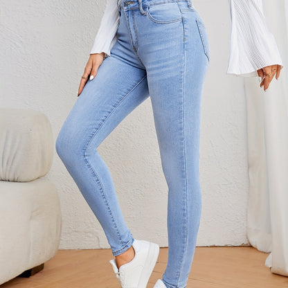 Women's Casual Plain Light Blue Skinny Jeans, Stretchy Denim Pants, Classic Design, High Waist Slim Fit For Everyday Fashion - Perfect For Fall & Winter