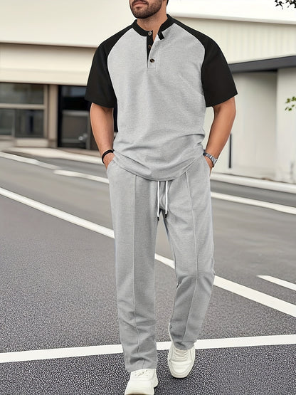 Men's Casual Mixed Color Spliced Set: Shirt and Drawstring Pants, Clean and Comfortable