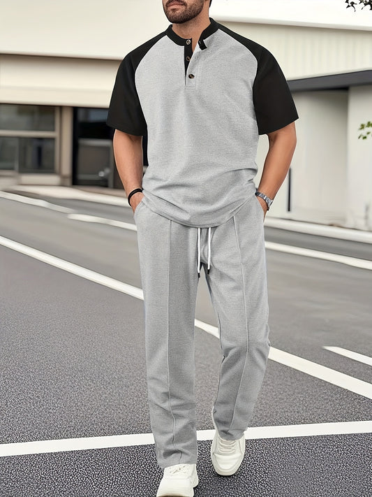 Men's Casual Mixed Color Spliced Set: Shirt and Drawstring Pants, Clean and Comfortable