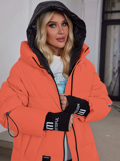 Women's Stylish Beige Puffer Jacket - Casual Warm Winter Coat with Black Trim, Long Sleeves & Zippered Hood, Polyester Fabric for Outdoor Comfort