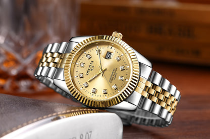 DEDIMA Elegant Stainless Steel Band Calendar Watch, Quartz Movement, Round Dial with Rhinestones, Battery-Powered, Non-Rechargeable Button Battery, Regular Cleaning, for Men, Women, Students, Christmas, Valentine'S Day, Thank