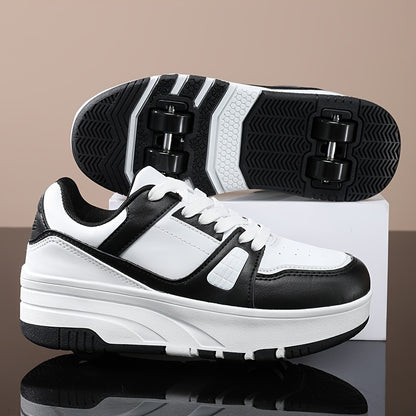 Boys' Fashion Roller Skate Footwear - Non-Slip Dual Wheel, Lace-Up with Durable Buckle Straps, Black & White, Suitable for All Seasons