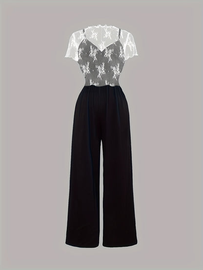 Elegant Mesh Long Sleeve Crop Top & Bodycon Wide-Leg Jumpsuit Set - Chic V-Neck, Ruched Detail, Black Mesh Blouse with Spaghetti Straps, Wide Leg Pants for Spring/Summer, Women'S Fashion, Clothing | Relaxed Fit | Chic Desig