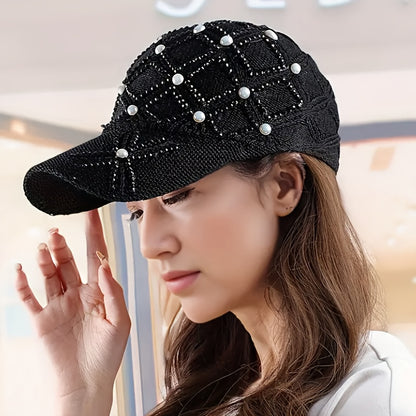 Women'S Adjustable Four-Leaf Clover Faux Pearl Baseball Cap - Breathable Mesh Summer Hat with Snap Closure, Stylish Black Design for Spring/Summer, Summer Headwear | Fashionable Headwear | Mesh Fabric Ca