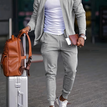 Men's Casual Polyester Sports Suit, Solid Color, Non-Stretch Fabric, Regular Fit, Baseball Collar Jacket and Sweatpants, Suitable for Spring/Autumn - Braided Eyelash Set