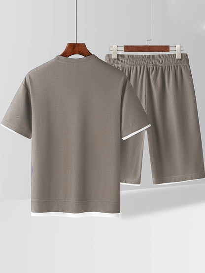 Waffle short-sleeved T-shirt Men's casual sports suit summer loose fake two-piece half-sleeve T-shirt set