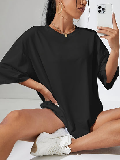 Y2K Retro American Casual Crew Neck T-Shirt, 100% Polyester Knit Fabric, Solid Color, Drop Shoulder Long Sleeve, Medium Stretch Pullover for Spring/Summer/Fall - Fashionable Loose Fit Tee